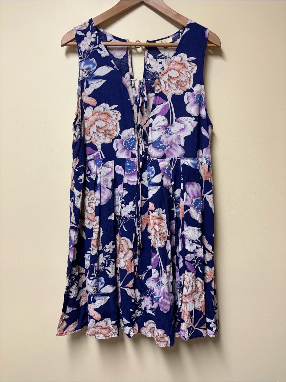 Kori America Blue Floral Tie Front  Dress Large NWT